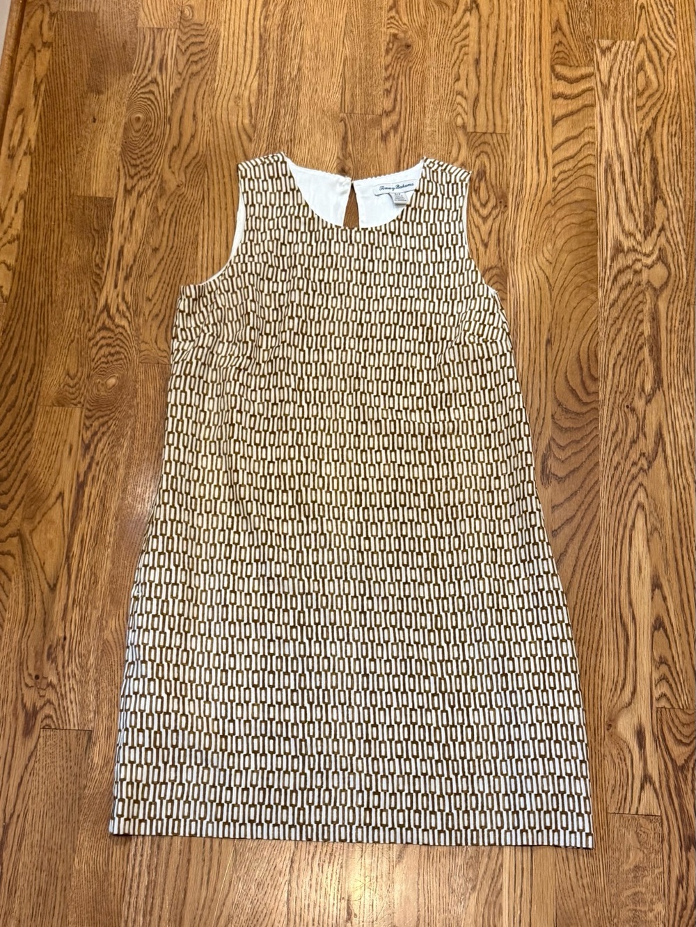 Tommy Bahama Cream and Brown Geometric Sleeveless Shift Dress